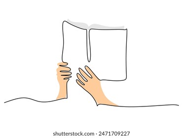 Hand hold book continuous line drawing. Education and literature concept. Vector illustration minimalist design hand drawn.