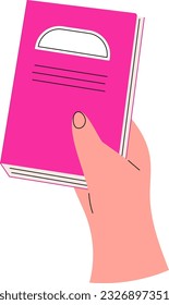 Hand hold book icon. Concept of literature, dictionaries, encyclopedias. Hand with planners with bookmarks in doodle style. Sharing paper book, recommendation for online reading in handdrawn style.