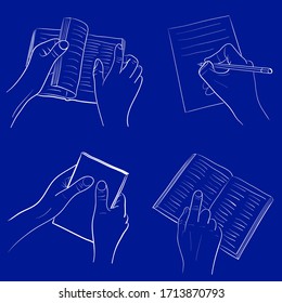Mantengan mano un libro, escriban por pluma, sostengan un papel. Ilustración vectorial de gesto en estilo de esquema