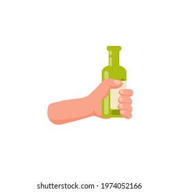 Hand hold bottle of beer in green glass container. Drink and the concept of alcoholism. Flat cartoon illustration