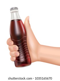 Hand hold bottle of cola on white background, realistic vector illustration
