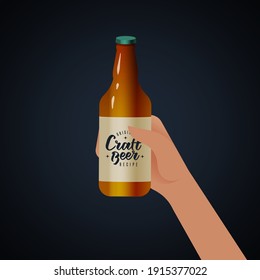 Hand Hold Bottle of Craft Beer Lettering Composition on Label on Dark Background. Modern Vector Illustration. Social Media Ads.