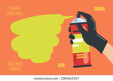 Hand hold bottle spray and draw graffiti speech bubble concept. Vector flat graphic design illustration
