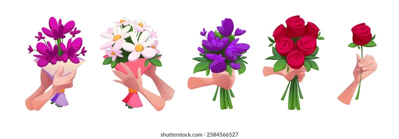 Hand hold bouquet set - various floral arrangements with roses, daisies and spring blossoms. Cartoon illustrations of palms grasping flower bunches. Gift presentation with green stems and blooms.