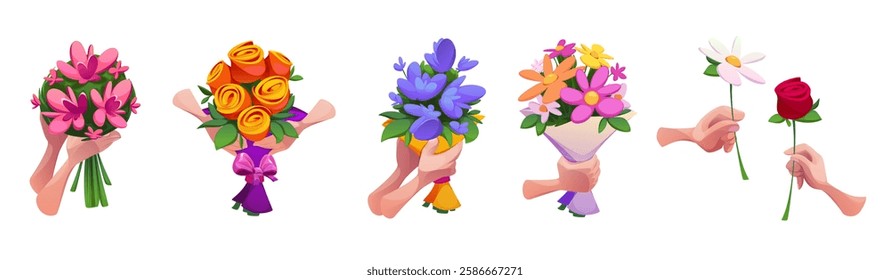 Hand hold bouquet set - various floral arrangements with roses, daisies and spring blossoms. Cartoon illustrations of palms grasping flower bunches. Gift presentation with green stems and blooms.