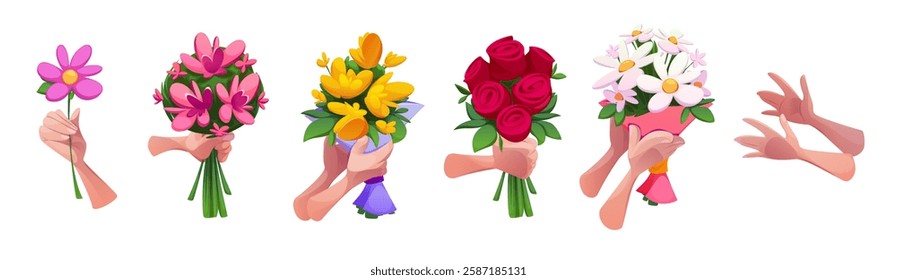 Hand hold bouquet set - various floral arrangements with roses, daisies and spring blossoms. Cartoon illustrations of palms grasping flower bunches. Gift presentation with green stems and blooms.