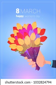 Hand Hold Bouquet Of Tulips Happy Women Day Background Creative Greeting Card 8 March Holiday Concept Flat Vector Illustration