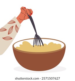 Hand hold bowl and mix dough flat semi flat colour vector object. Whipping cream with whisk. Simple spot illustration for web graphic design, hand drawn vector.