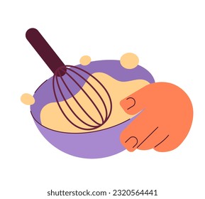 Hand hold bowl and whisk semi flat colour vector object. Cooking utensil. Food preparation. Editable cartoon clip art icon on white background. Simple spot illustration for web graphic design