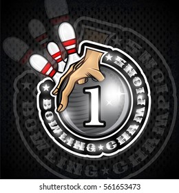 Hand hold bowling ball with number one in center and skittles. Sport round logo for any team or championship