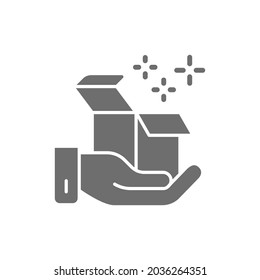 Hand hold box, delivery, gift, parcel grey icon.