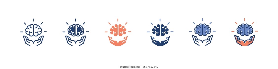 mão segurar ícone do cérebro definir negócio brainstorm pensando brilhando sinais da mente ilustração