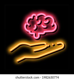 hand hold brain neon light sign vector. Glowing bright icon hand hold brain sign. transparent symbol illustration
