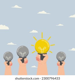 La mano sostiene una bombilla de luz brillante diferente entre las demás. Consiguiendo una idea brillante, ideas creativas ilustraciones vectoriales