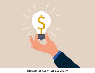 Hand hold brightly lit money dollar lightbulb idea. Business idea to make money or profit. Flat vector illustration