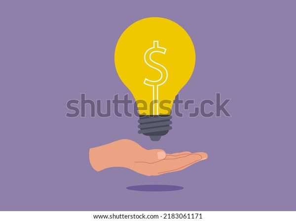 Hand hold brightly lit money dollar lightbulb\
idea. Enlighten money idea, investment and savings with high\
profit, business idea to make money or profit.\
Hand hold brightly\
lit money dollar lightbulb\
