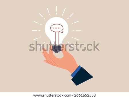 Hand hold brightly lit speech bubble lightbulb. Discussion, conversation, meeting, team communication. Modern flat vector illustration