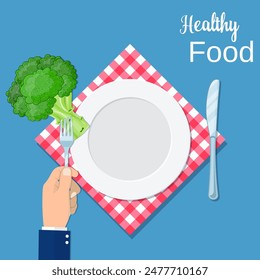 Hand hold a broccoli on a fork. Healthy food concept. Veggie food, eat vitamins. vector illustration in flat style