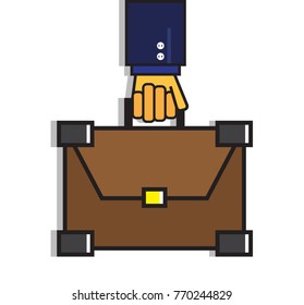 hand hold a brown suitcase in flat linear design