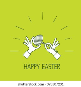 Hand Hold Brush Painting Egg Happy Easter Holiday Greeting Card Thin Line Vector Illustration