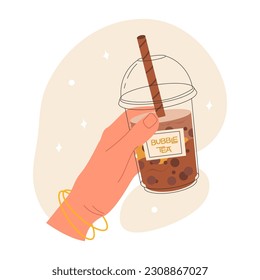 Hand hold bubble tea shakes. Bubble tea, coffee drink. Doodle cup of ice milk, milkshake in glasses, cute cartoon beverages for cafe menu, dessert ad, cold summer chocolate. Flat vector illustration.