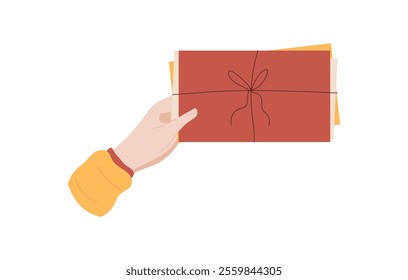 Hand hold a bundle of letters and cards with love and care. Flat cartoon graphic style representation of mail message delivery. Ideal for greeting or invitation themes, stationery designs.