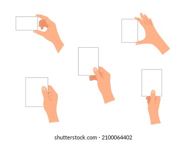 Hand Hold Business Card. Hands With Paper Blank Cards. Arms Holding Plastic Credit Card. Give And Take. Icon For Showing, Presentation, Meeting And Identity. Cartoon Vector Illustration.