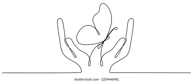 Hand hold butterfly flying continuous line art drawing. Vector isolated on white.