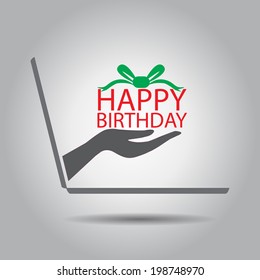 hand hold cake happy birthday from laptop vector icon