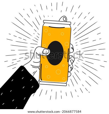 Hand hold can with beer or lemonade in hand drawn style in black and yellow colors isolated on white background, doodle for octoberfest or beer menu design