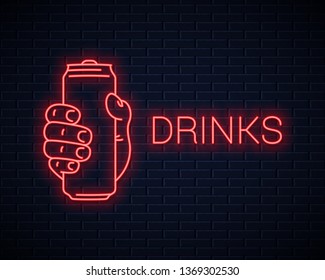 Hand hold can neon sign. Male hand holding aluminium red can on wall background