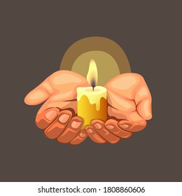 Hand hold candle light symbol for hope concept in realistic cartoon illustration vector on dark background