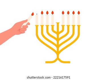 Hand hold candle and lights the menorah for Jewish festival of lights Hanukkah, isolated vector illustration