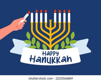 Hand hold candle and lights the menorah against the background of an olive branch and ribbon for Jewish festival of lights Hanukkah, isolated vector illustration