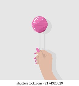 Hand hold candy Lollipop. Flat illustration of female hand with candy, vector design element. Vector illustration isolated cartoon style