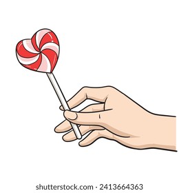 Hand hold candy Lollipop in the shape of a heart dessert sweetness. Vector illustration isolated cartoon style 