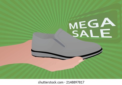 Hand hold canvas shoe. mega sale banner. vector