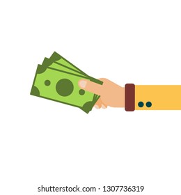 Hand hold cash money, financial bills. Concept of financial operations with cash, investments and savings, deposits, money turnover, funding, bribe, donation, payday. Vector flat illustration