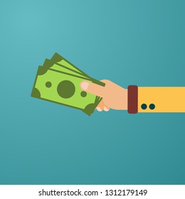 Hand hold cash money, financial bills. Concept of financial operations with cash, investments and savings, deposits, money turnover, funding, bribe, donation, payday. Vector flat illustration