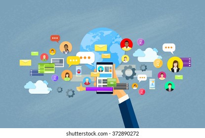 Hand Hold Cell Smart Phone Social Network Communication Concept Flat Design Vector Illustration