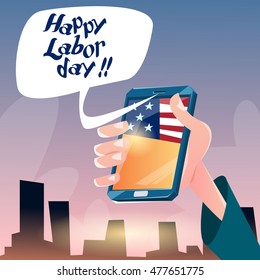 Hand Hold Cell Smart Phone American Labor Day USA Holiday Flat Vector Illustration