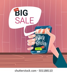 Hand Hold Cell Smart Phone Black Friday Big Shopping Sale Banner Flat Vector Illustration