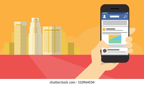 Hand Hold Cell Smart Phone Application Online Message Chat Network Communication Banner Flat Vector Illustration