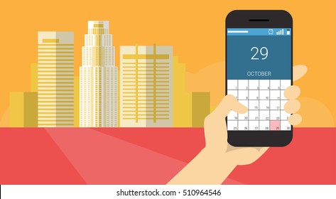 Hand Hold Cell Smart Phone Application Online Calendar Banner Flat Vector Illustration