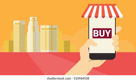 Hand Hold Cell Smart Phone Application Online Shopping Banner Flat Vector Illustration