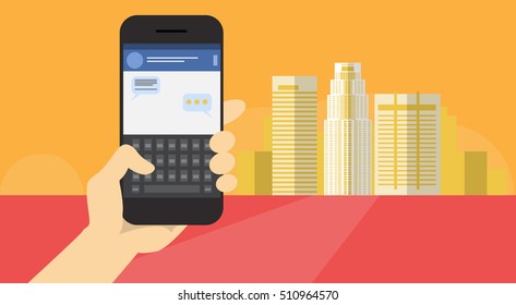 Hand Hold Cell Smart Phone Application Online Message Chat Network Communication Banner Flat Vector Illustration