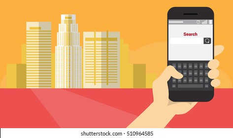 Hand Hold Cell Smart Phone Application Online Web Search Banner Flat Vector Illustration