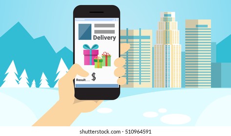 Hand Hold Cell Smart Phone Application Online Shopping Banner Flat Vector Illustration