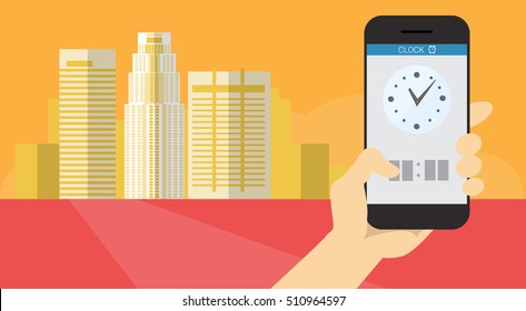 Hand Hold Cell Smart Phone Application Alarm Clock Banner Flat Vector Illustration