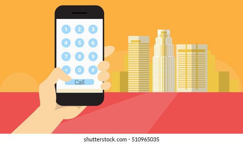 Hand Hold Cell Smart Phone Application Online Deal Call Number Banner Flat Vector Illustration